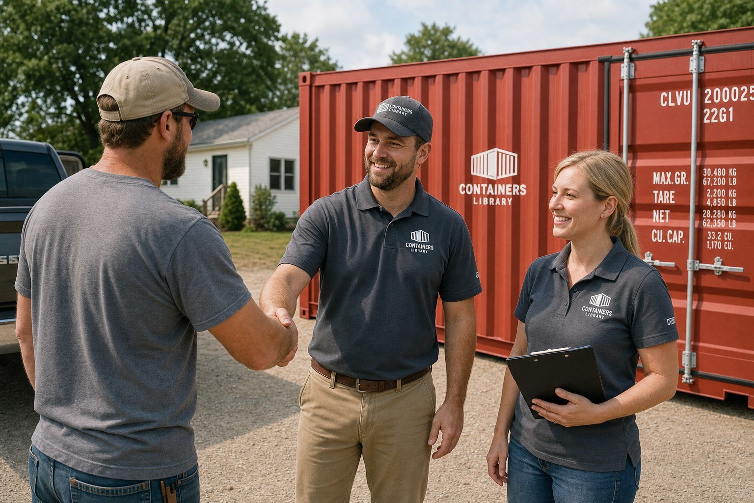 Containers Library staff greeting a customer at delivery